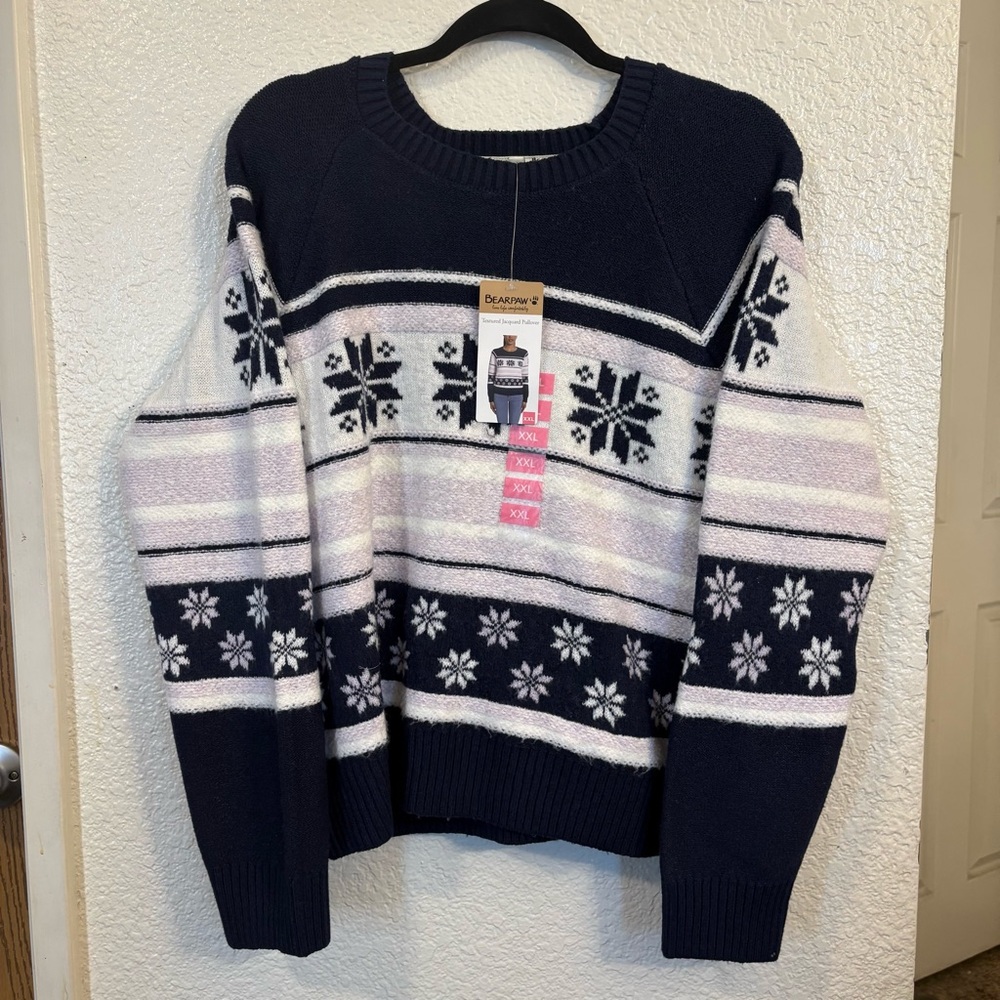 Bearpaw Textured Jacquard Pullover Sweater Women's XXL Navy Blue Snowflake Cozy